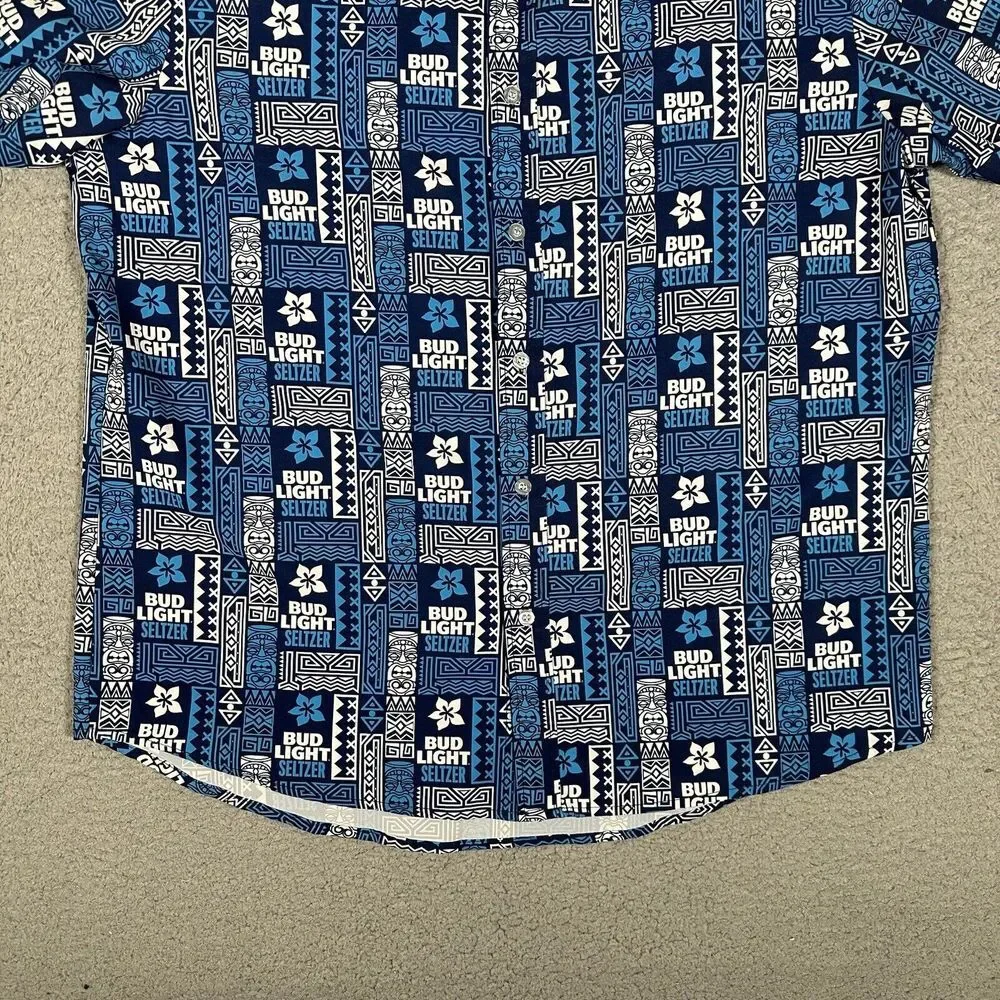 Bud Light Seltzer Shirt Mens Medium Blue‎ Hawaiian Tiki All Over Print Polyester